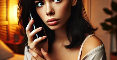 DALL·E 2024 06 23 13.31.43 A beautiful young woman with olive skin and black hair looking anxious as she receives a call. She is holding her smartphone and looking at it with a