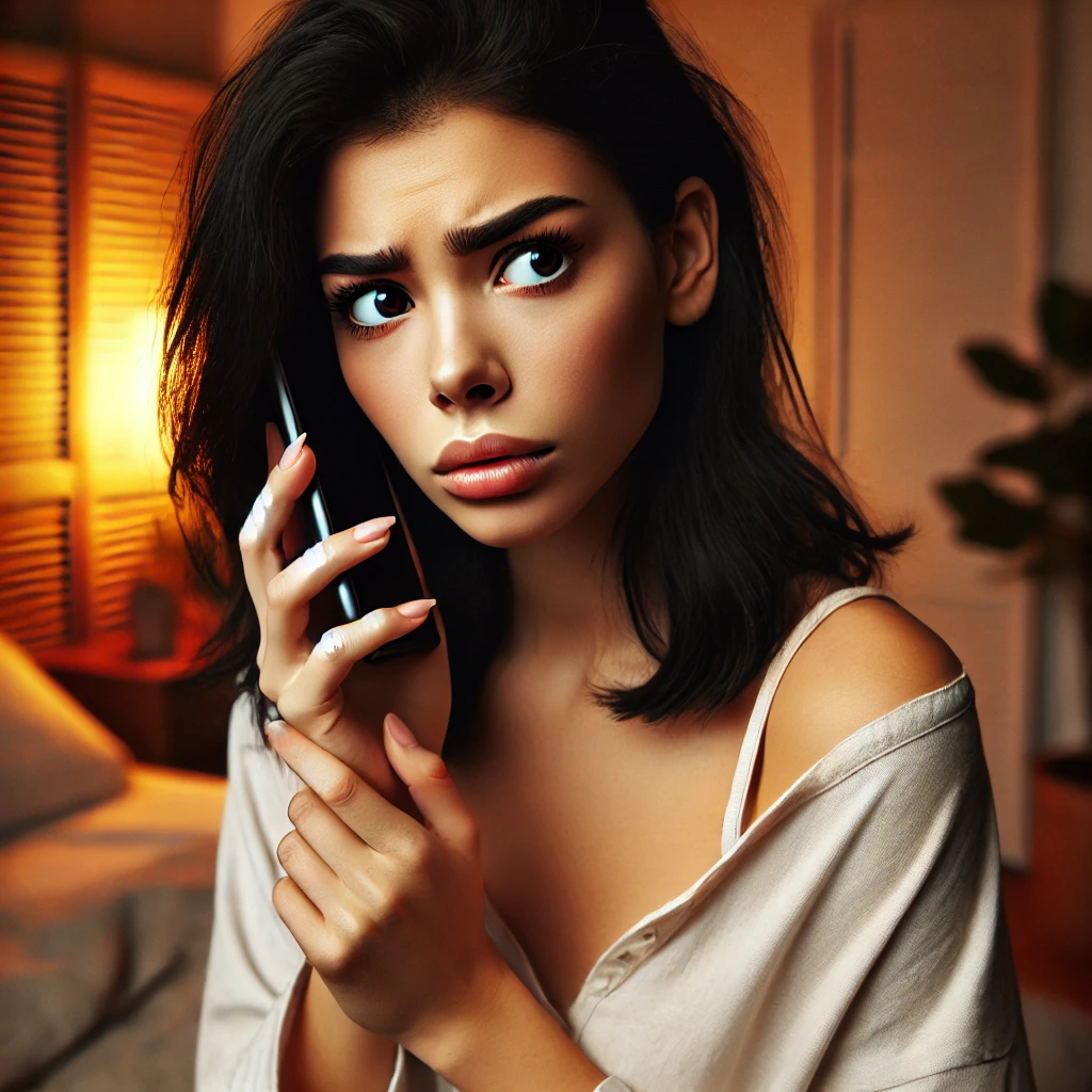 DALL·E 2024 06 23 13.31.43 A beautiful young woman with olive skin and black hair looking anxious as she receives a call. She is holding her smartphone and looking at it with a