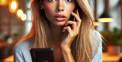 DALL·E 2024 06 23 13.31.46 A beautiful young woman with dark skin and blonde hair looking nervous as she receives a call. She is holding her smartphone and looking at it with a