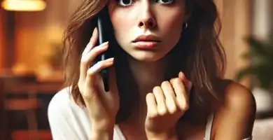 DALL·E 2024 06 23 13.34.17 A beautiful young woman with medium skin and brown hair looking very worried as she receives a call. She is holding her smartphone and looking at it w