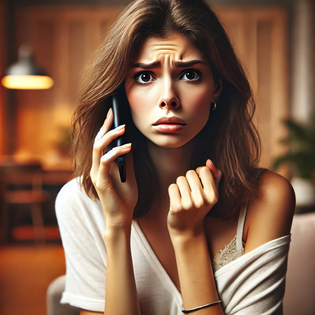 DALL·E 2024 06 23 13.34.17 A beautiful young woman with medium skin and brown hair looking very worried as she receives a call. She is holding her smartphone and looking at it w