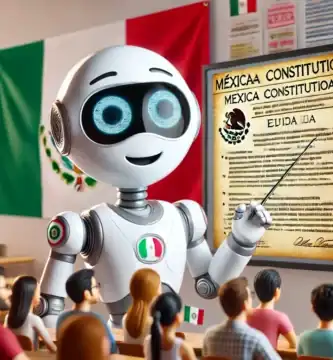 DALL·E 2024 06 23 13.44.07 A friendly robot explaining the contents of the Mexican Constitution. The robot has a cheerful and welcoming expression with a digital screen display