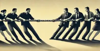 DALL·E 2024 06 24 12.12.37 An illustration depicting a generic power struggle. The image should show two groups of people pulling on opposite ends of a large rope in a tug of wa