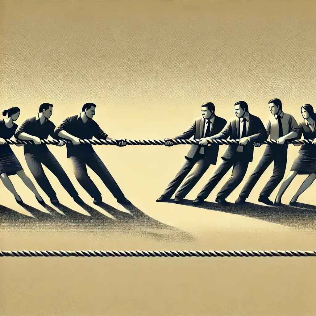 DALL·E 2024 06 24 12.12.37 An illustration depicting a generic power struggle. The image should show two groups of people pulling on opposite ends of a large rope in a tug of wa