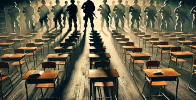 DALL·E 2024 06 24 22.06.11 43 school desks arranged in rows with the sinister silhouettes of soldiers looming in the background. The scene should be eerie with shadows cast by