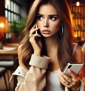 DALL·E 2024 06 23 12.31.32 A beautiful young woman looking worried as she receives a call. She has long flowing hair and is wearing stylish casual clothing. She is holding her