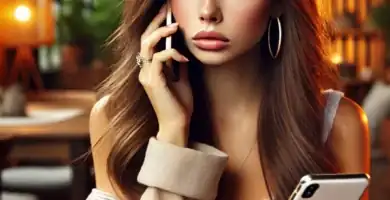 DALL·E 2024 06 23 12.31.32 A beautiful young woman looking worried as she receives a call. She has long flowing hair and is wearing stylish casual clothing. She is holding her