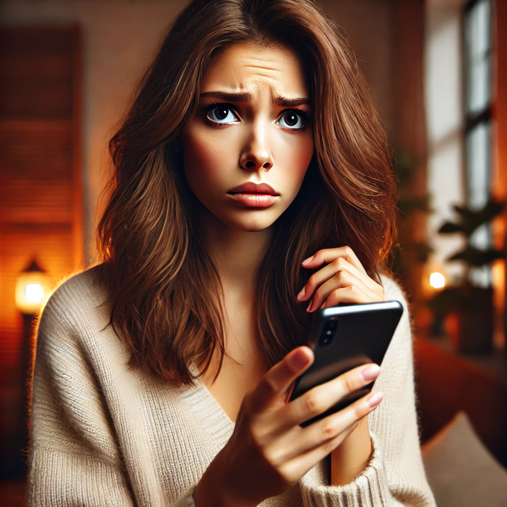 DALL·E 2024 06 23 12.35.23 A beautiful young woman with medium skin and brown hair looking very worried as she receives a call. She is holding her smartphone and looking at it w