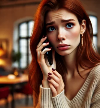 DALL·E 2024 06 23 12.35.31 A beautiful young woman with brown skin and red hair looking concerned as she receives a call. She is holding her smartphone and looking at it with a