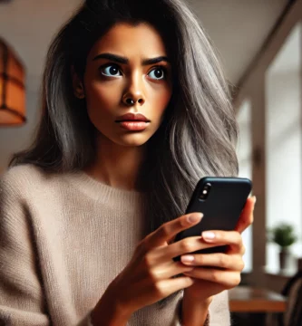 DALL·E 2024 06 23 12.35.35 A beautiful young woman with dark skin and grey hair looking nervous as she receives a call. She is holding her smartphone and looking at it with a co