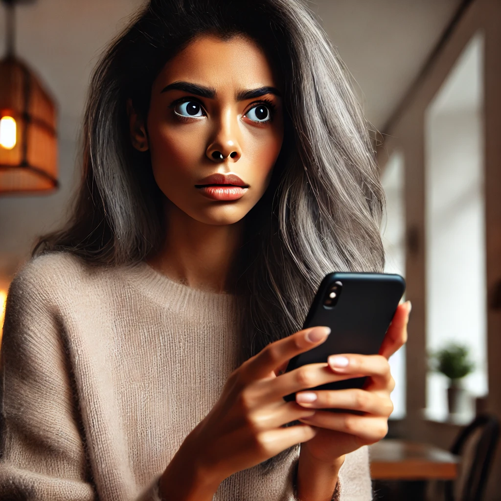 DALL·E 2024 06 23 12.35.35 A beautiful young woman with dark skin and grey hair looking nervous as she receives a call. She is holding her smartphone and looking at it with a co