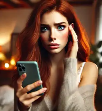 DALL·E 2024 06 23 12.35.45 A beautiful young woman with olive skin and red hair looking anxious as she receives a call. She is holding her smartphone and looking at it with a co