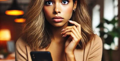 DALL·E 2024 06 23 12.35.49 A beautiful young woman with dark skin and blonde hair looking nervous as she receives a call. She is holding her smartphone and looking at it with a