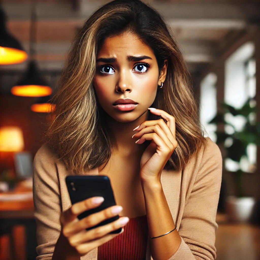 DALL·E 2024 06 23 12.35.49 A beautiful young woman with dark skin and blonde hair looking nervous as she receives a call. She is holding her smartphone and looking at it with a