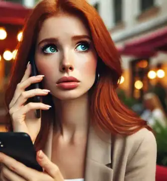 DALL·E 2024 06 23 12.35.52 A beautiful young woman with fair skin and red hair looking slightly worried as she receives a call. She is holding her smartphone and looking at it w