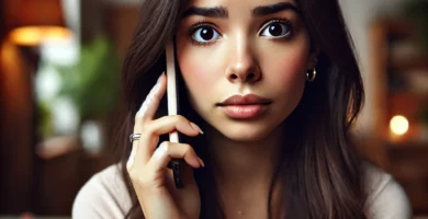 DALL·E 2024 06 23 12.49.24 A beautiful Latina young woman with fair skin and dark brown hair looking slightly worried as she receives a call. She is holding her smartphone and l