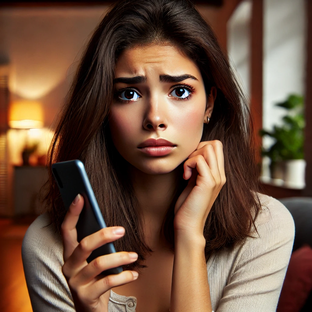 DALL·E 2024 06 23 12.49.58 A beautiful Latina young woman with medium skin and dark brown hair looking anxious as she receives a call. She is holding her smartphone and looking