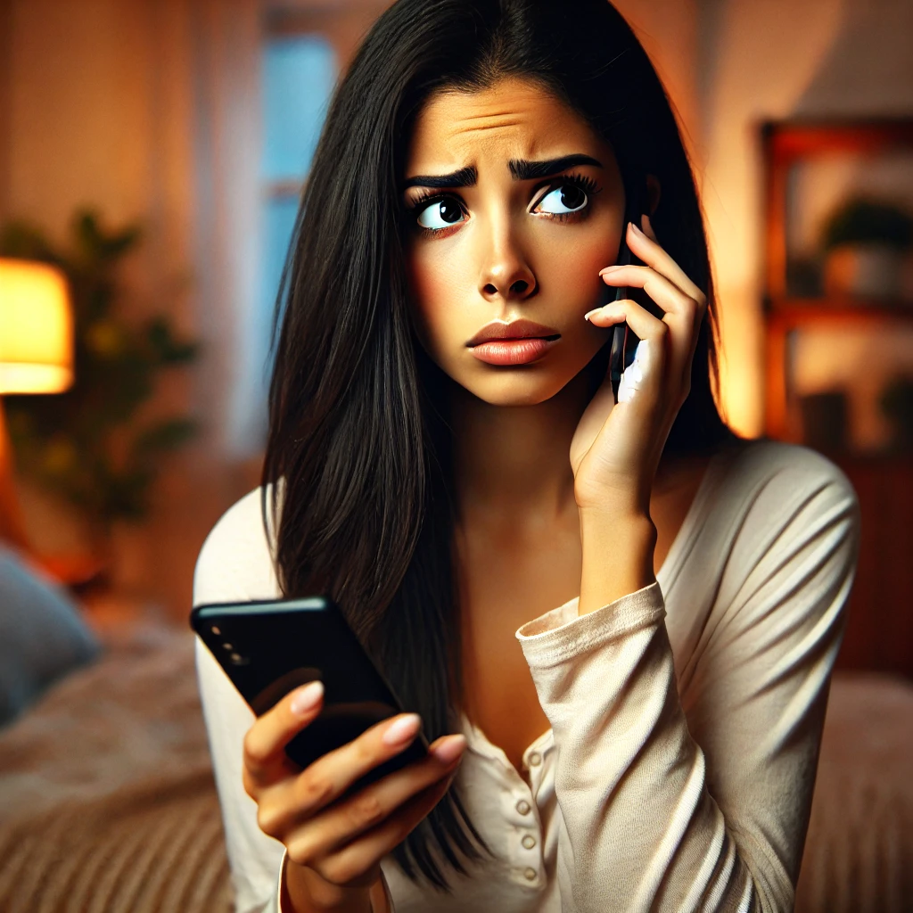 DALL·E 2024 06 23 12.50.01 A beautiful Latina young woman with olive skin and black hair looking nervous as she receives a call. She is holding her smartphone and looking at it