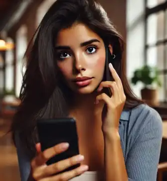 DALL·E 2024 06 23 12.50.04 A beautiful Latina young woman with dark skin and dark brown hair looking slightly worried as she receives a call. She is holding her smartphone and l