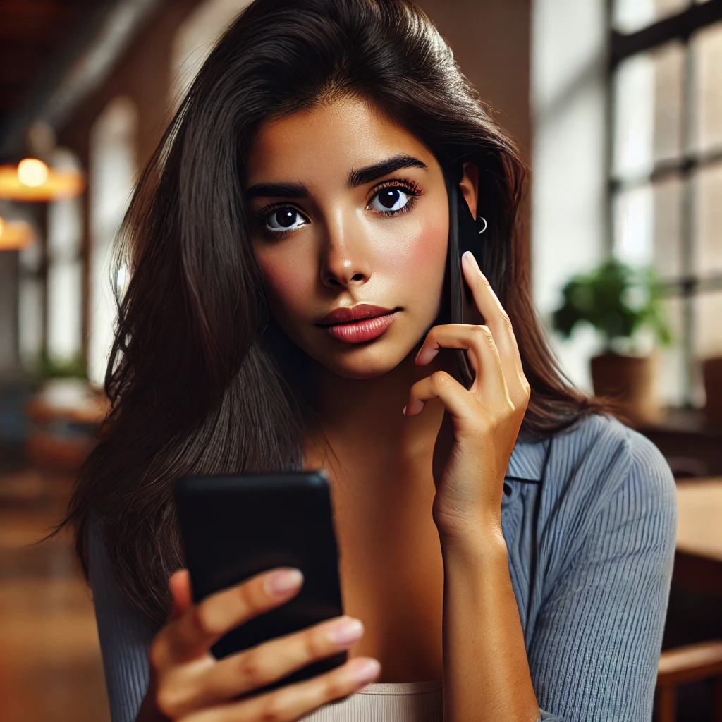 DALL·E 2024 06 23 12.50.04 A beautiful Latina young woman with dark skin and dark brown hair looking slightly worried as she receives a call. She is holding her smartphone and l