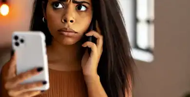 DALL·E 2024 06 23 12.50.14 A beautiful Latina young woman with medium skin and black hair looking nervous as she receives a call. She is holding her smartphone and looking at it