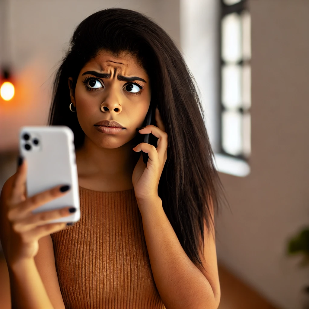 DALL·E 2024 06 23 12.50.14 A beautiful Latina young woman with medium skin and black hair looking nervous as she receives a call. She is holding her smartphone and looking at it