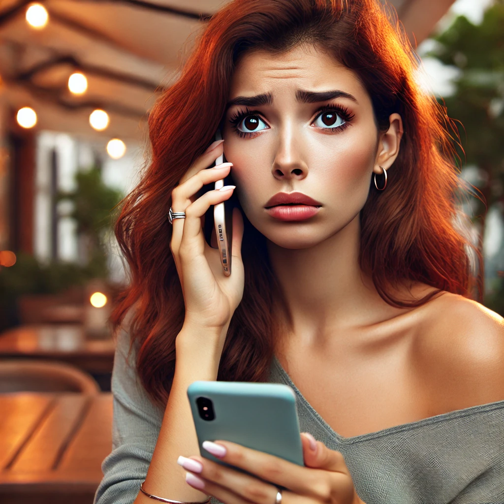 DALL·E 2024 06 23 13.17.38 A beautiful young woman with olive skin and red hair looking anxious as she receives a call. She is holding her smartphone and looking at it with a co 1