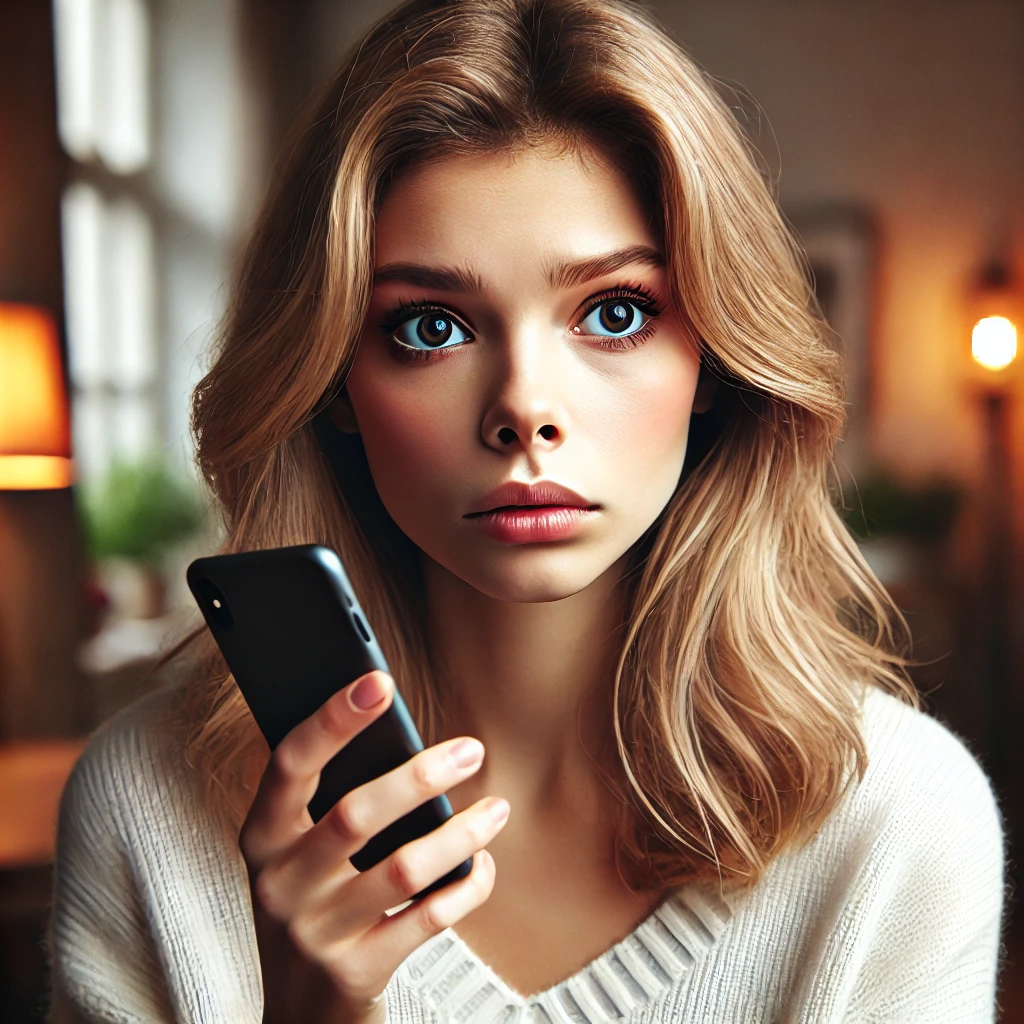 DALL·E 2024 06 23 13.21.01 A beautiful young woman with fair skin and blonde hair looking worried as she receives a call. She is holding her smartphone and looking at it with a