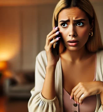 DALL·E 2024 06 23 13.21.12 A beautiful young woman with olive skin and blonde hair looking anxious as she receives a call. She is holding her smartphone and looking at it with a