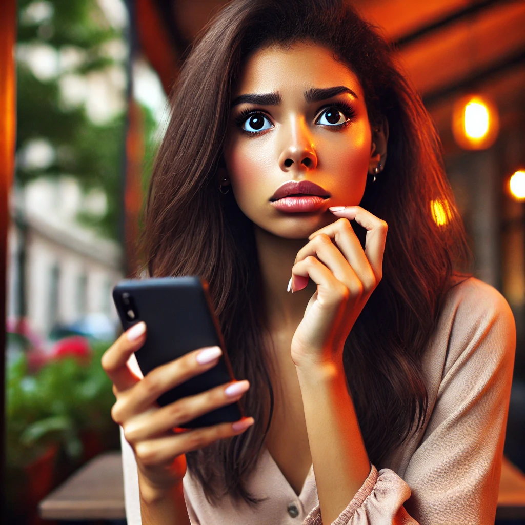 DALL·E 2024 06 23 13.21.17 A beautiful young woman with dark skin and brown hair looking nervous as she receives a call. She is holding her smartphone and looking at it with a c