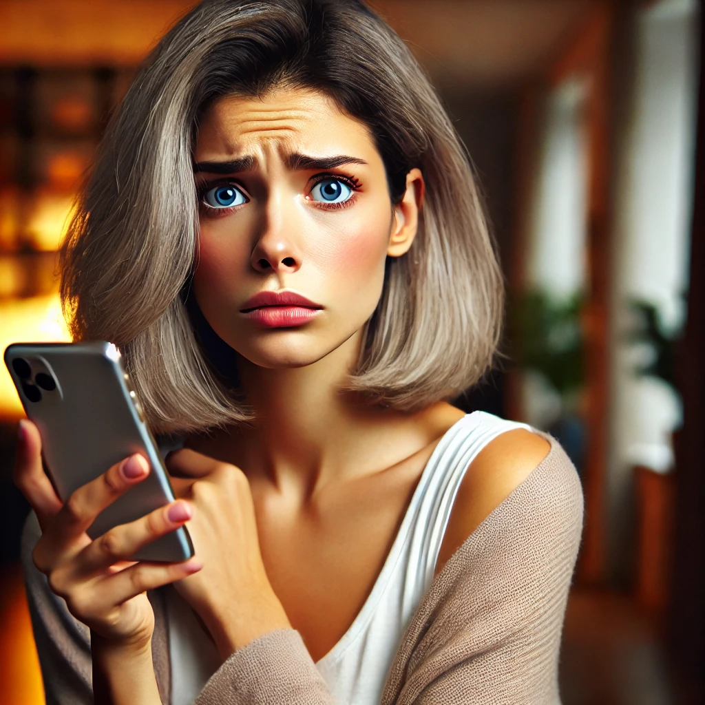 DALL·E 2024 06 23 13.21.27 A beautiful young woman with medium skin and grey hair looking very worried as she receives a call. She is holding her smartphone and looking at it wi