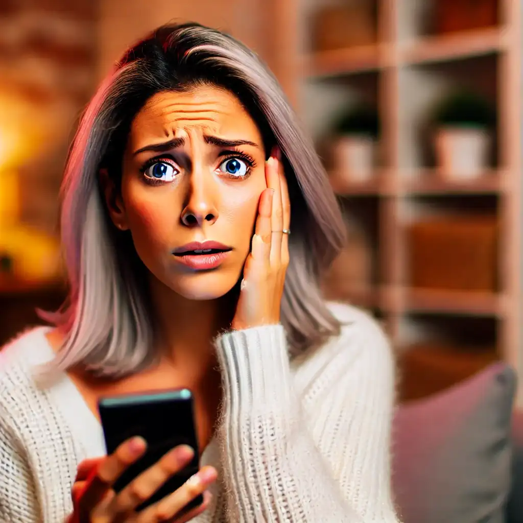 DALL·E 2024 06 23 13.34.34 A beautiful young woman with medium skin and grey hair looking very worried as she receives a call. She is holding her smartphone and looking at it wi