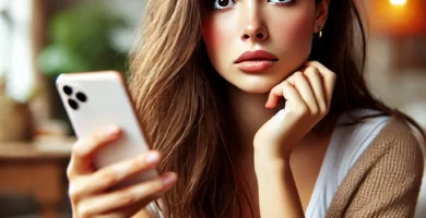 DALL·E 2024 06 23 13.34.39 A beautiful young woman with olive skin and brown hair looking worried as she receives a call. She is holding her smartphone and looking at it with a