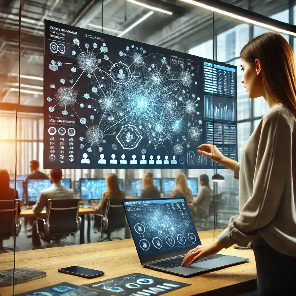 DALL·E 2024 07 09 16.38.09 A woman analyzing social media data on a large screen in a high tech office. The screen shows complex network diagrams with nodes and connections rep