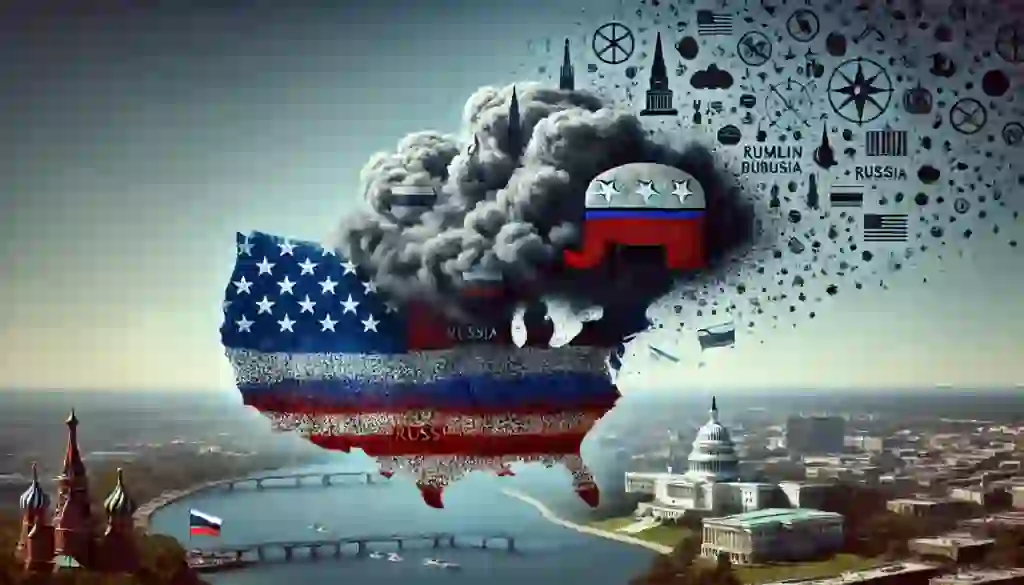 DALL·E 2024 07 11 17.40.06 An abstract representation of Russian interference dissipating over the United States. Depict a dark cloud with symbols representing Russia such as t