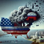 DALL·E 2024 07 11 17.40.06 An abstract representation of Russian interference dissipating over the United States. Depict a dark cloud with symbols representing Russia such as t