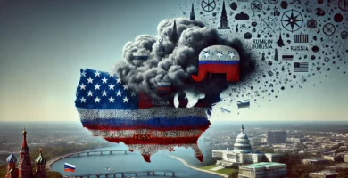 DALL·E 2024 07 11 17.40.06 An abstract representation of Russian interference dissipating over the United States. Depict a dark cloud with symbols representing Russia such as t