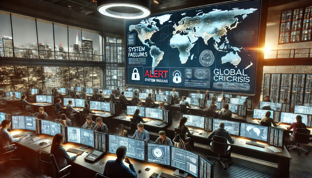 DALL·E 2024 07 19 10.36.35 A realistic image depicting a global cyber crisis. Multiple computer screens in a high tech control center display alert messages system failures an