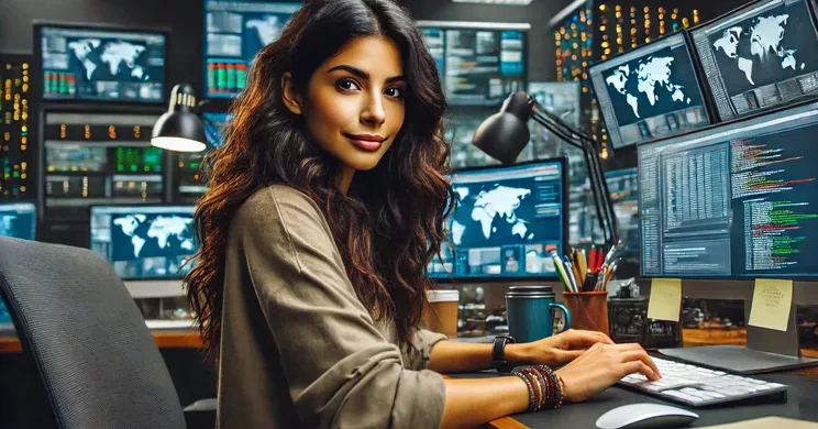 cropped DALL·E 2024 07 04 15.00.38 A Latina woman journalist with a hacker vibe focused on her work of searching for misinformation suddenly looking at the camera with a smile. She is 1