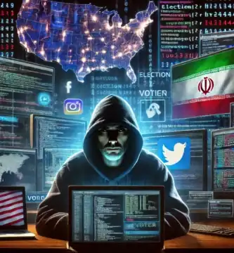 Ilustración que muestra a un hacker interfiriendo en elecciones, representando la amenaza cibernética de Irán en las elecciones de 2024 en Estados Unidos.