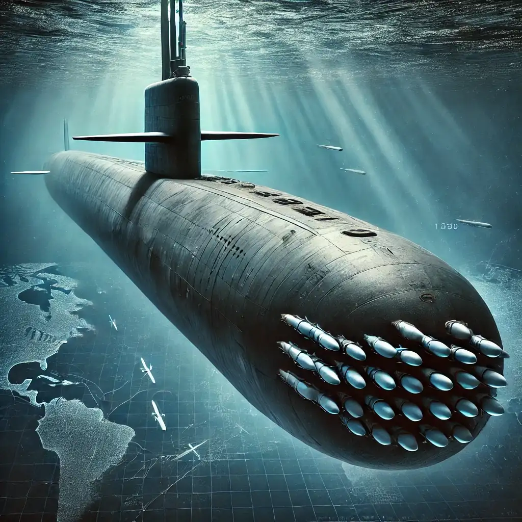 Imagen del submarino nuclear USS Georgia navegando bajo el agua, mostrando su tamaño masivo y capacidad para lanzar misiles Tomahawk, con un mapa mundial en la superficie que destaca su alcance global