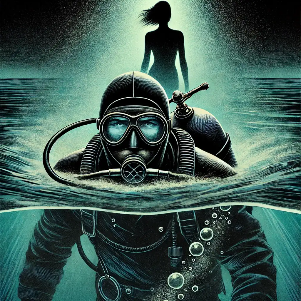 DALL·E 2024 08 15 13.43.29 A symbolic illustration of two mysterious figures—a male diver and a woman—emerging from the dark depths of the Baltic Sea. The diver is equipped with