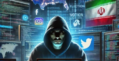 Ilustración que muestra a un hacker interfiriendo en elecciones, representando la amenaza cibernética de Irán en las elecciones de 2024 en Estados Unidos.