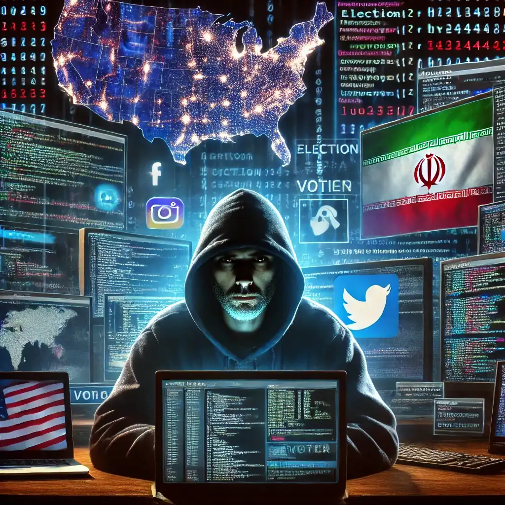 Ilustración que muestra a un hacker interfiriendo en elecciones, representando la amenaza cibernética de Irán en las elecciones de 2024 en Estados Unidos.