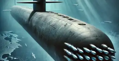 Imagen del submarino nuclear USS Georgia navegando bajo el agua, mostrando su tamaño masivo y capacidad para lanzar misiles Tomahawk, con un mapa mundial en la superficie que destaca su alcance global