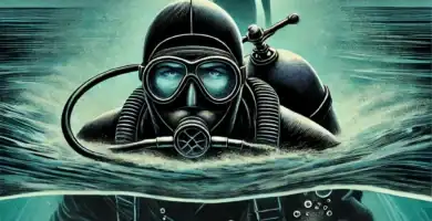 DALL·E 2024 08 15 13.43.29 A symbolic illustration of two mysterious figures—a male diver and a woman—emerging from the dark depths of the Baltic Sea. The diver is equipped with