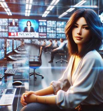 DALL·E 2024 09 13 18.02.52 A digital scene inside a modern newsroom featuring a light skinned Latina woman with black hair sitting at her desk. The room has a high tech futuri