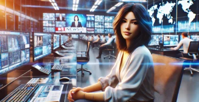 DALL·E 2024 09 13 18.02.52 A digital scene inside a modern newsroom featuring a light skinned Latina woman with black hair sitting at her desk. The room has a high tech futuri