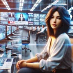 DALL·E 2024 09 13 18.02.52 A digital scene inside a modern newsroom featuring a light skinned Latina woman with black hair sitting at her desk. The room has a high tech futuri