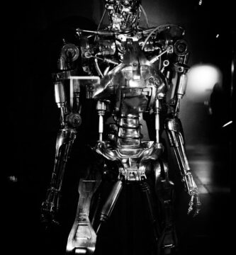 Terminator a black and white photo of a robot